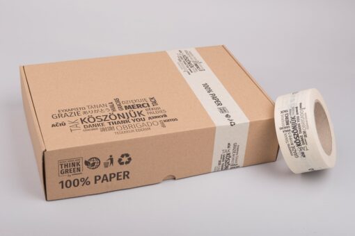 Papír ragasztószalag | köszönjük – think green – 100% paper – TÖRTFEHÉR