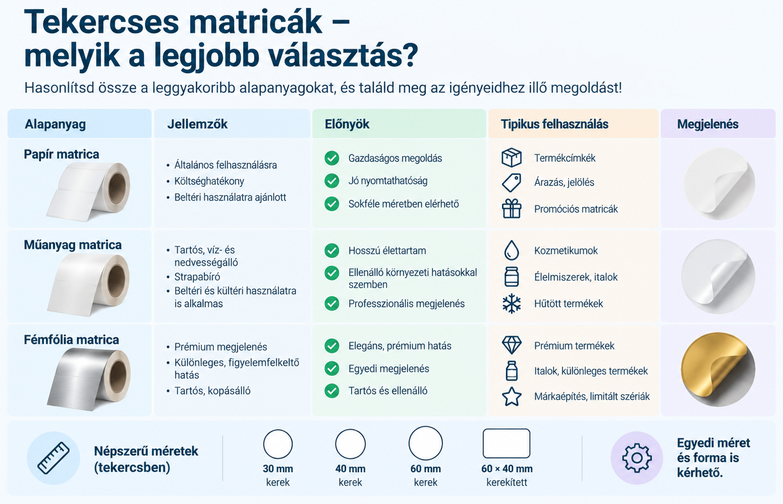Papír, műanyag vagy fémfólia? Kézi vagy gépi címkézés? Ismerd meg a egyedi öntapadó matricák lehetőségeit, méreteit és felhasználási területeit.