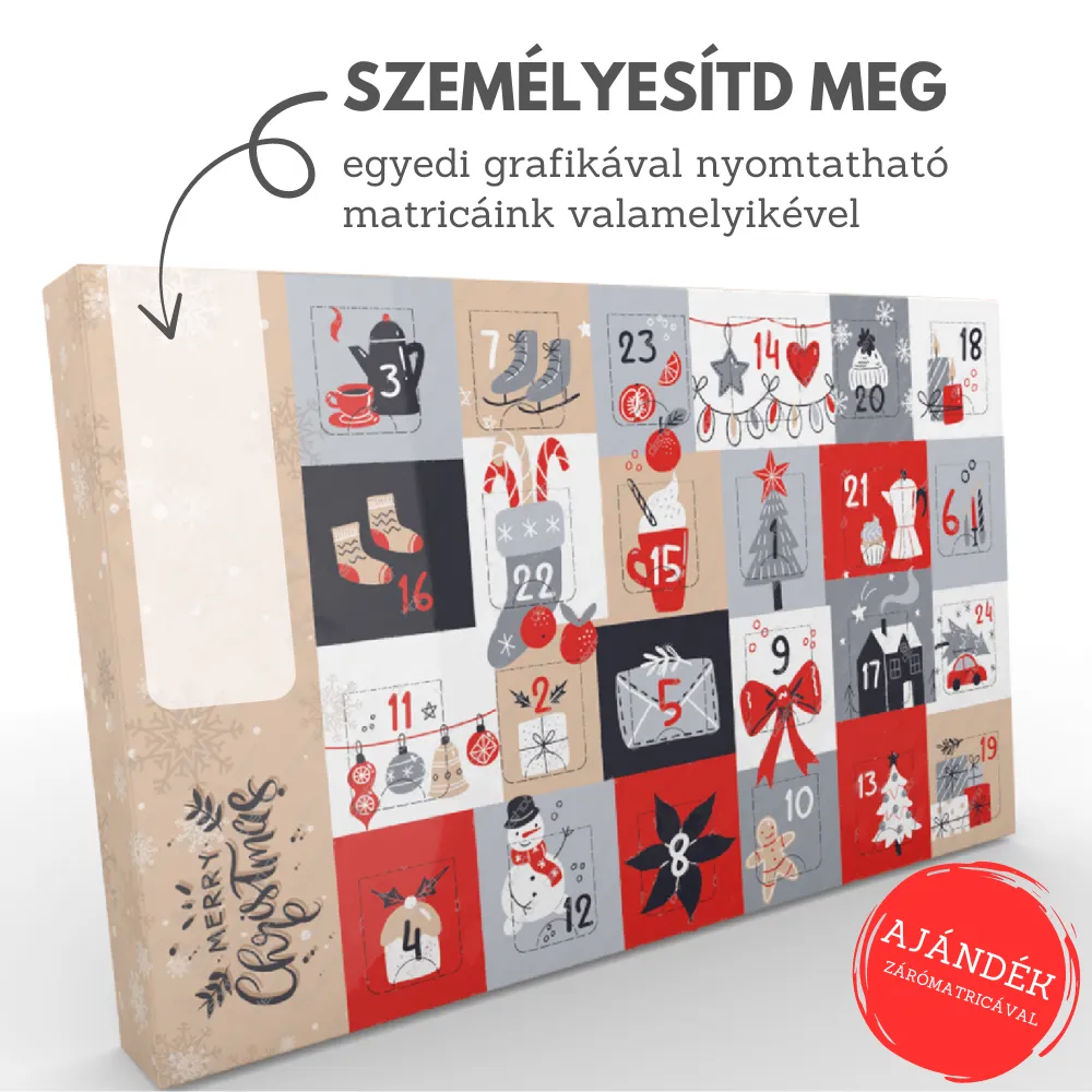 Bézs adventi naptári doboz, egyedi matricával személyre szabható.